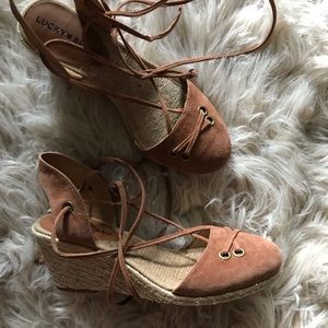 • Lucky Brand lace up suede espadrille wedges •